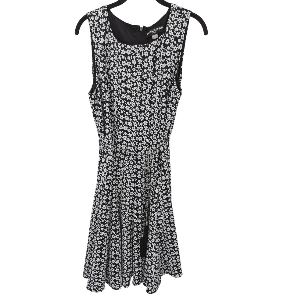 Karl Lagerfeld Paris Dress Womens 12 Black Floral Sleeveless Fit & Flare Belted